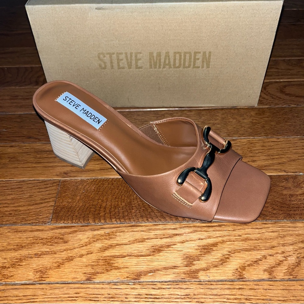NEW Steve Madden Olsen Slide Sandals Tan Leather Women’s Size 9.5